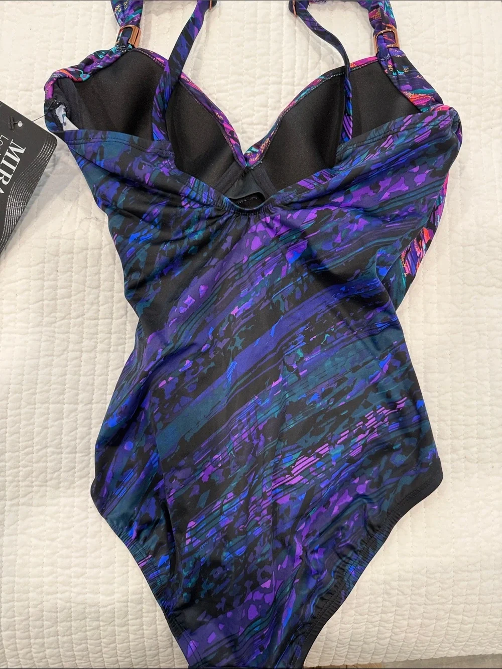 NWT Miraclesuit Dark Purple Multi-Print Ruched One-Piece Swimsuit sz 6